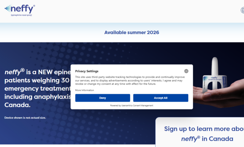 Hero image announcing neffy epinephrine nasal spray launch in Canada with a hand holding the device on the right and a privacy consent popup in the center.