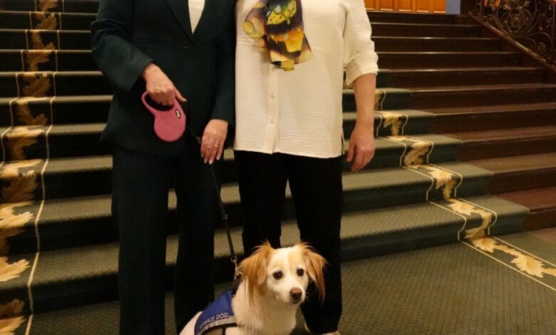 Two women pose on a grand staircase with a small service dog wearing a blue vest at their feet.