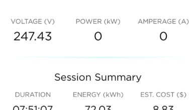 Charging complete status screen for EV power device EVIPOWER F8K5, showing a black charging unit and session summary values (voltage 247.43V, power 0 kW, current 0A).