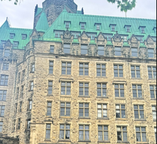 Historic stone building with a green copper roof and many rectangular windows, framed by tree branches at the top,