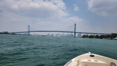 Blue suspension bridge spanning a body of water with a distant city skyline and a boat deck in the foreground.