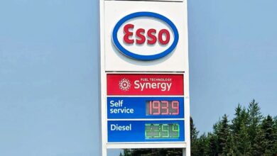 Esso gas station sign with Synergy panel and price board showing self-service 193.9 and diesel 239.9 per liter (blue and red signage).