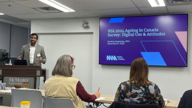 Male presenter at a lectern in a classroom, large screen displays 'NIA 2024 Ageing in Canada Survey: Digital Use & Attitudes'
